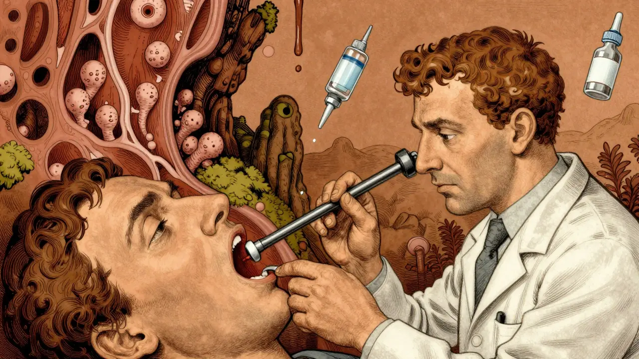 An ENT doctor examining nasal passages filled with polyps and swollen tissues, surrounded by treatment icons.