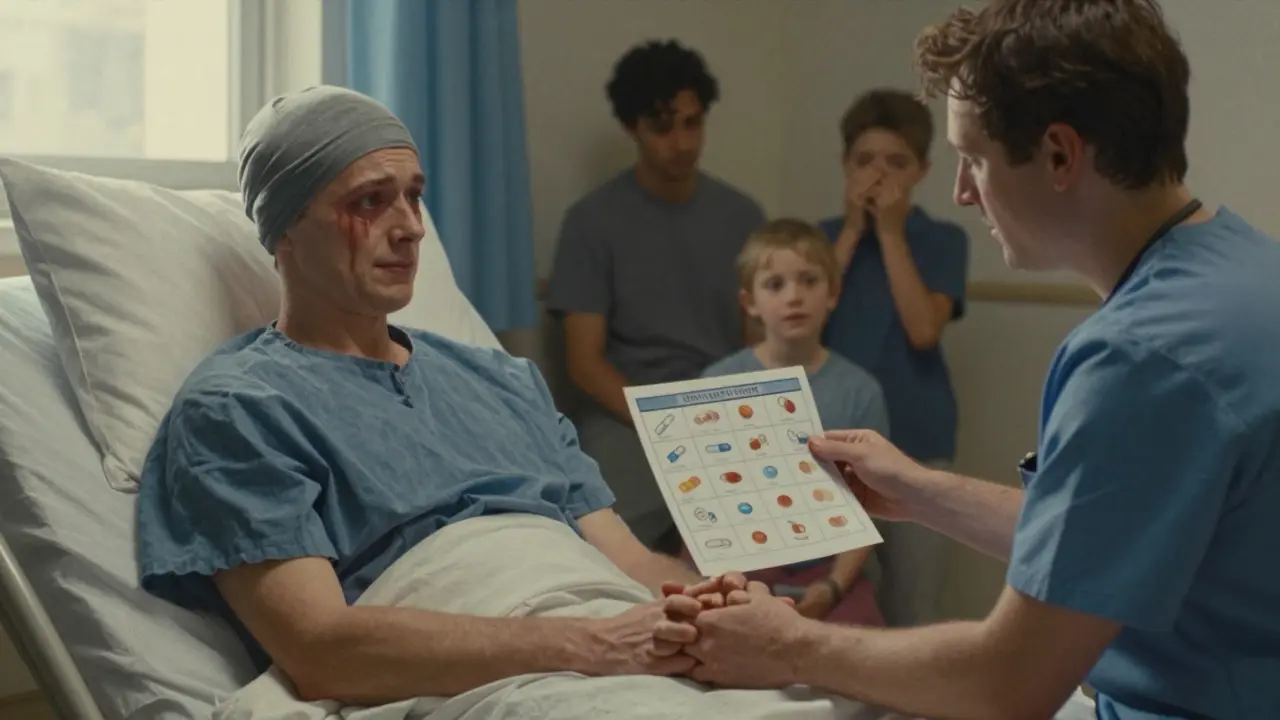 Cancer specialist comforts a patient with a visual drug alternative chart, radiating calm and care.