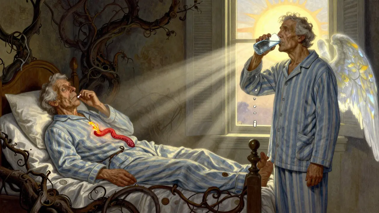 Contrasting scenes: one showing esophageal damage from lying down, the other safe pill passage with sunlight.