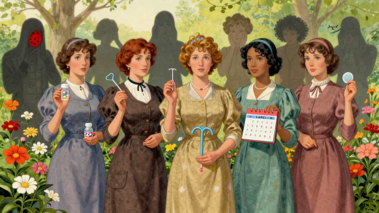 Diverse women in vintage-style clothing holding different contraceptive methods in a sunlit garden.