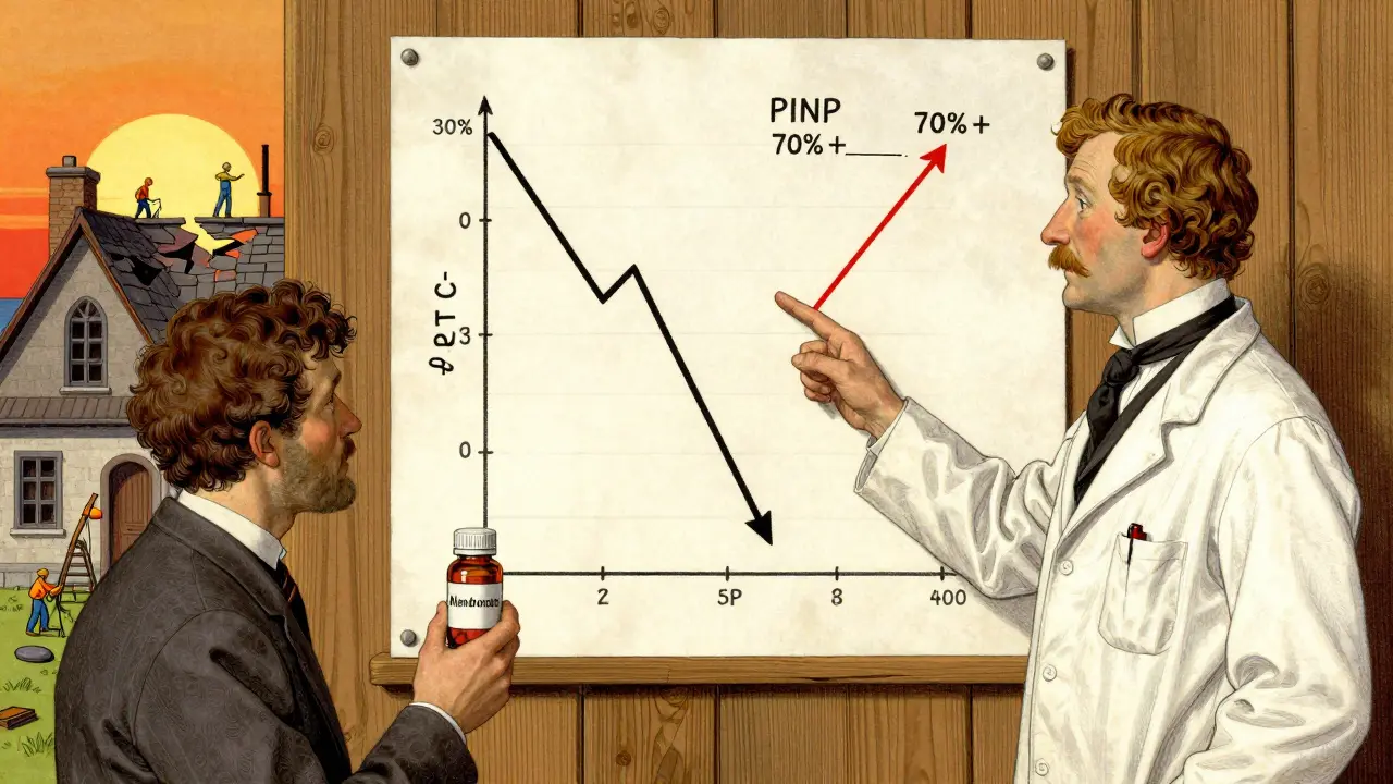 Doctor explaining bone marker chart to patient, with tiny builders repairing a crumbling house symbolizing bone remodeling.