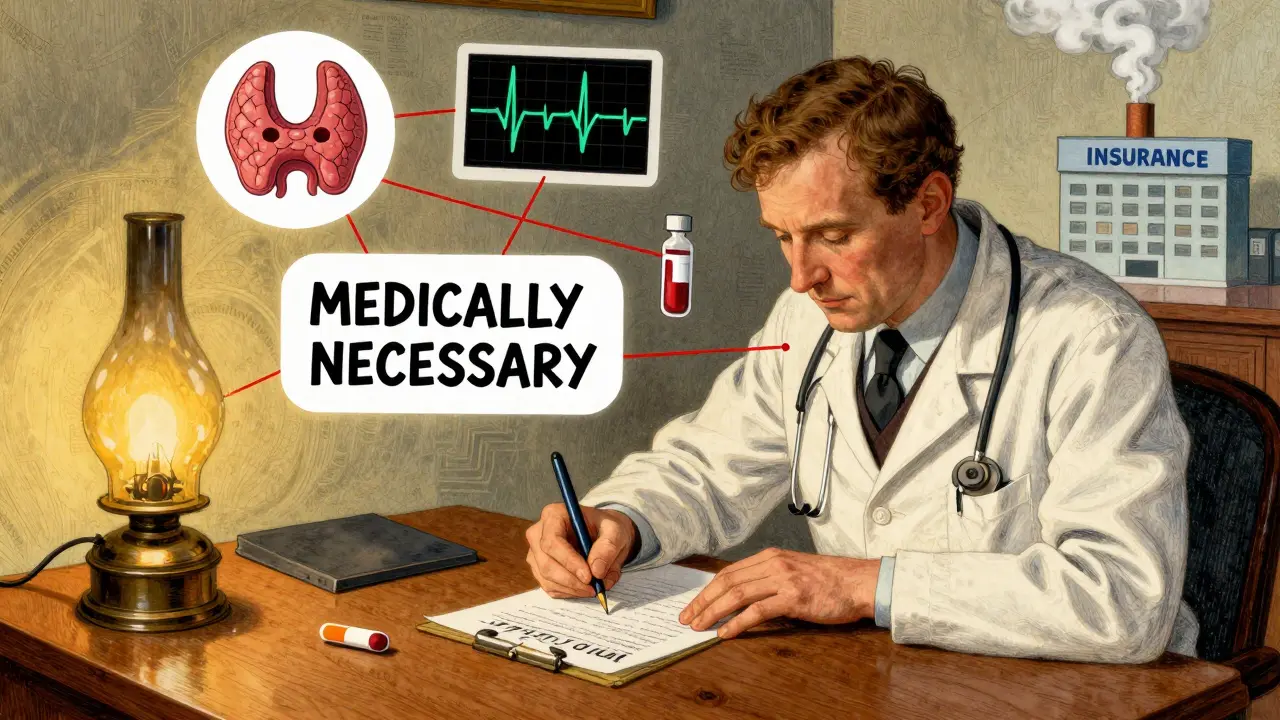 Doctor writing 'MEDICALLY NECESSARY' prescription surrounded by medical symbols tied to a distant insurance office.