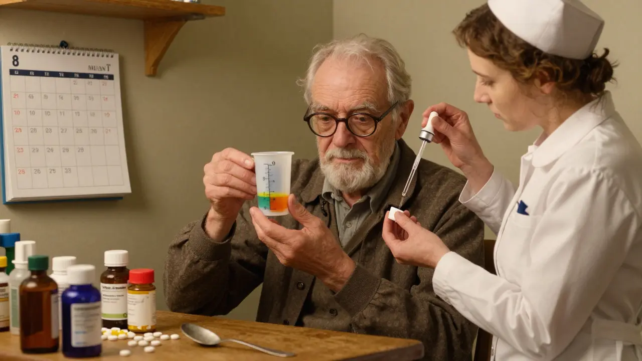 Elderly man using a clearly marked dosing cup with nurse demonstrating a click-stop dropper in a home setting.