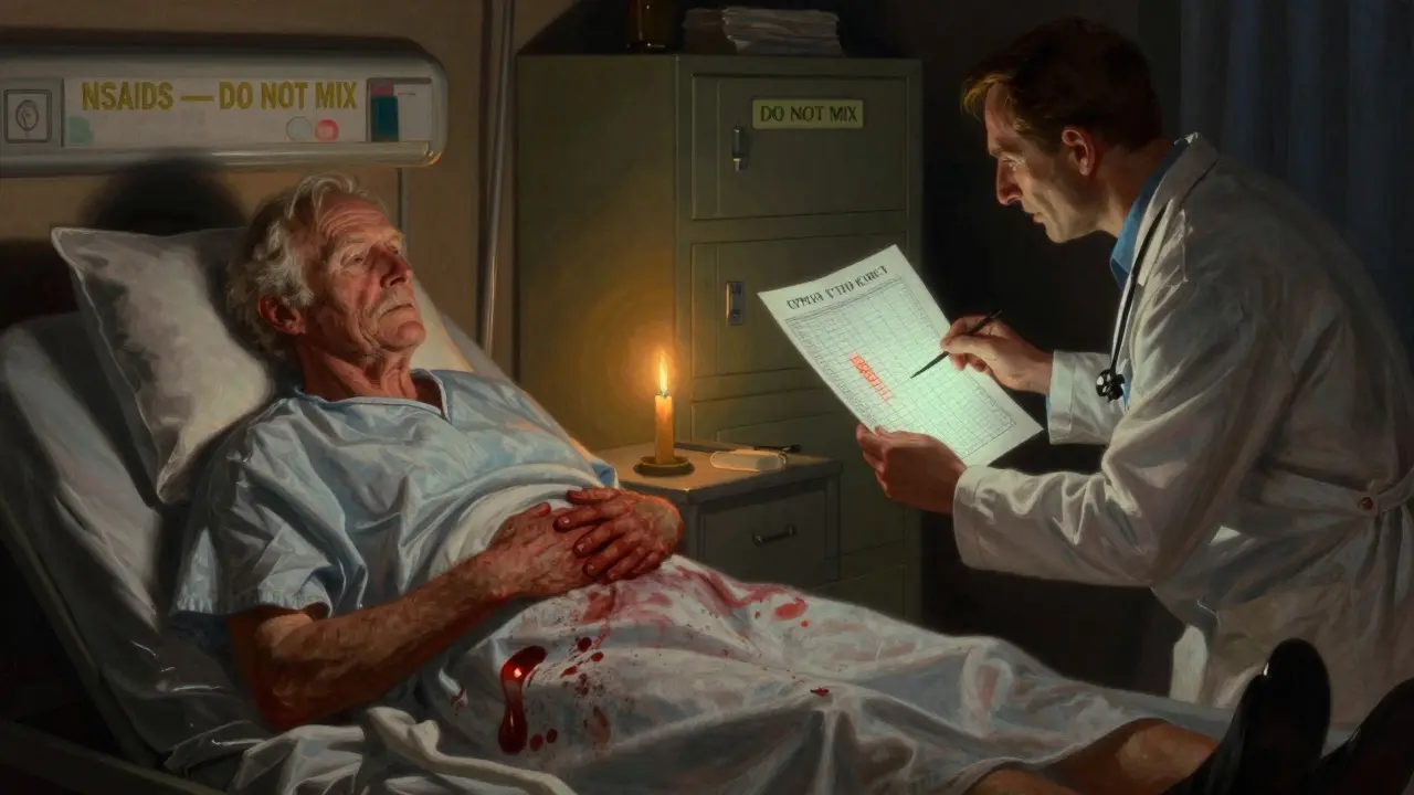 Elderly patient clutching abdomen with blood stains, doctor studying genetic map by candlelight in a dim hospital room.