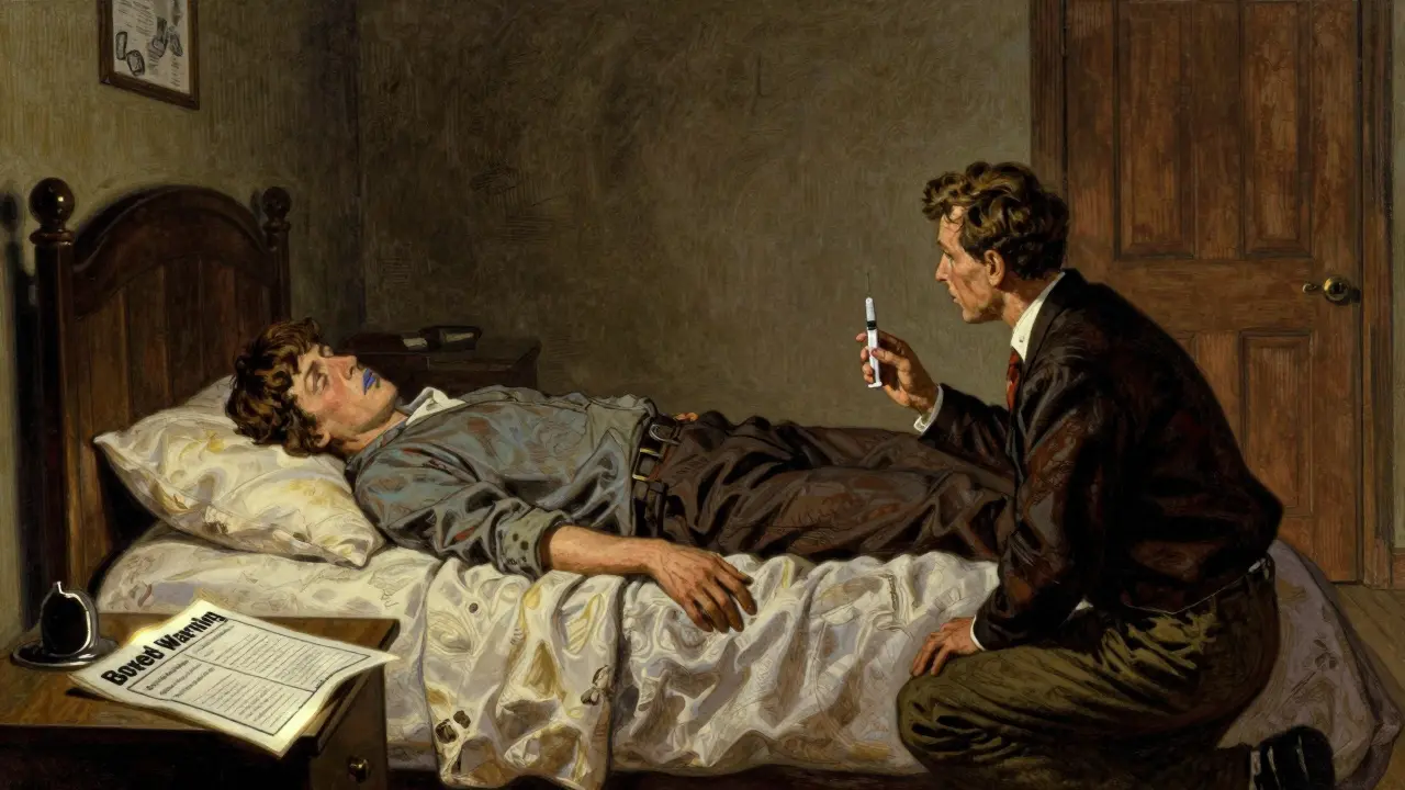 Family member administering naloxone to an unconscious person, medication guide on nightstand.