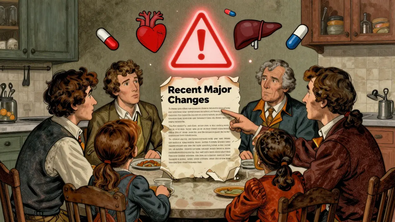 Family reviewing a drug label with a glowing recent changes warning, surrounded by medical symbols in classic illustrated style.