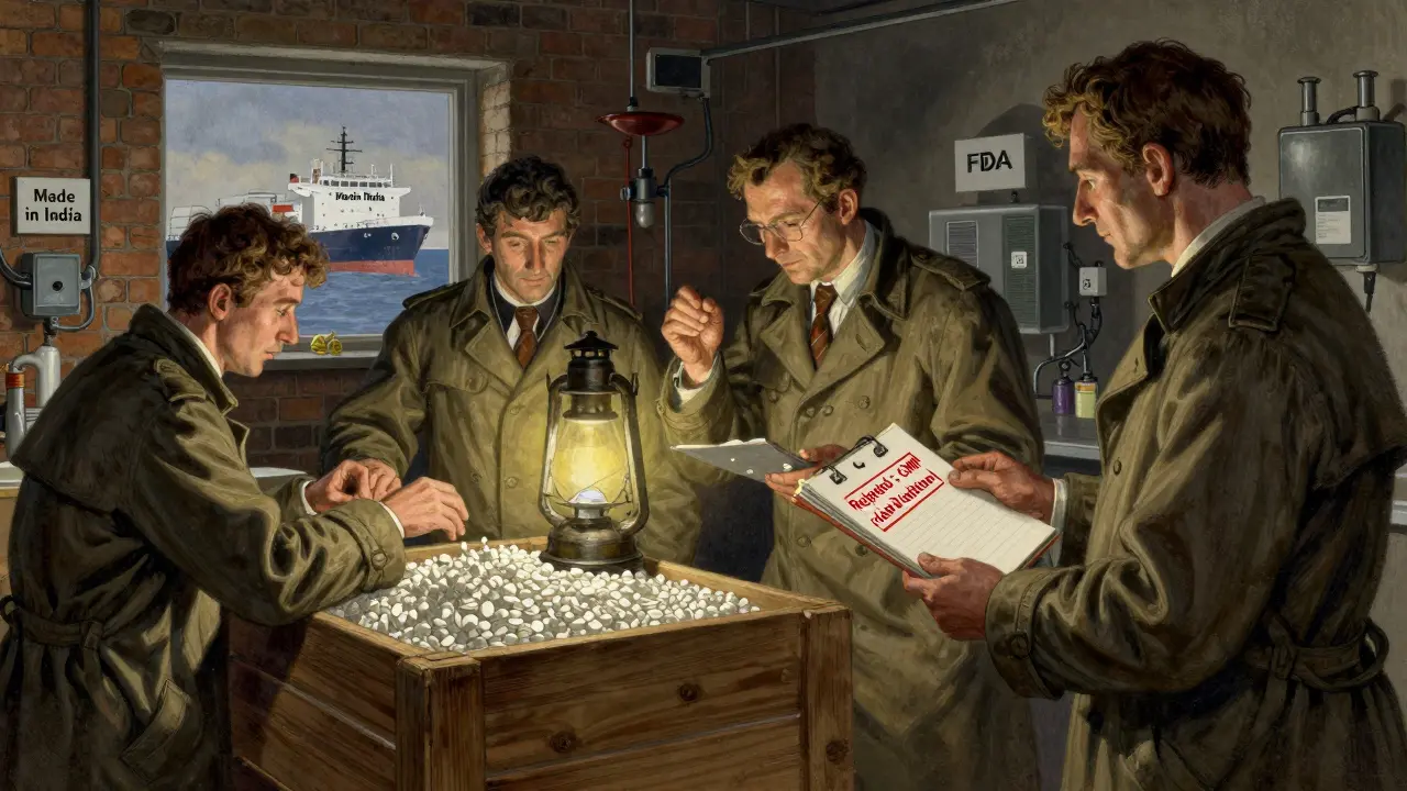 FDA inspectors rejecting a batch of generic drugs in a foreign factory, with a cargo ship visible through the window.