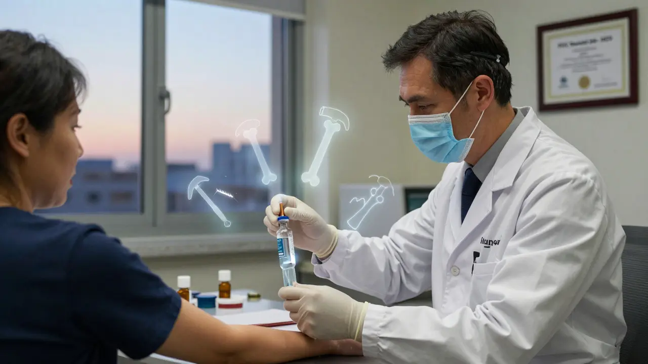 Lab technician drawing blood at 8 AM, ghostly bone remodeling icons floating nearby, dawn light through window.