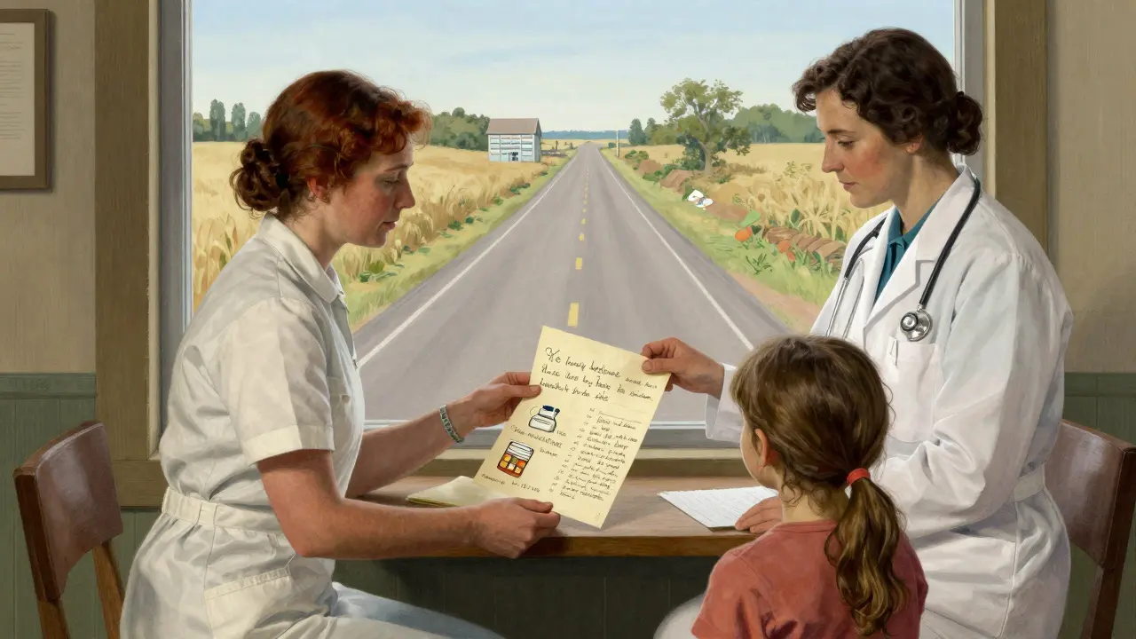 Nurse and interpreter give a non-English-speaking patient a hand-drawn medication guide in a rural clinic.