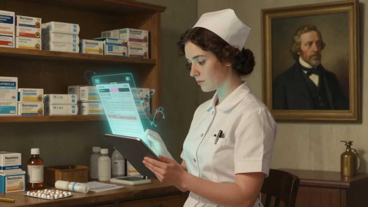 Nurse in rural clinic using a tablet to check medication interactions, with glowing digital alerts in the air.