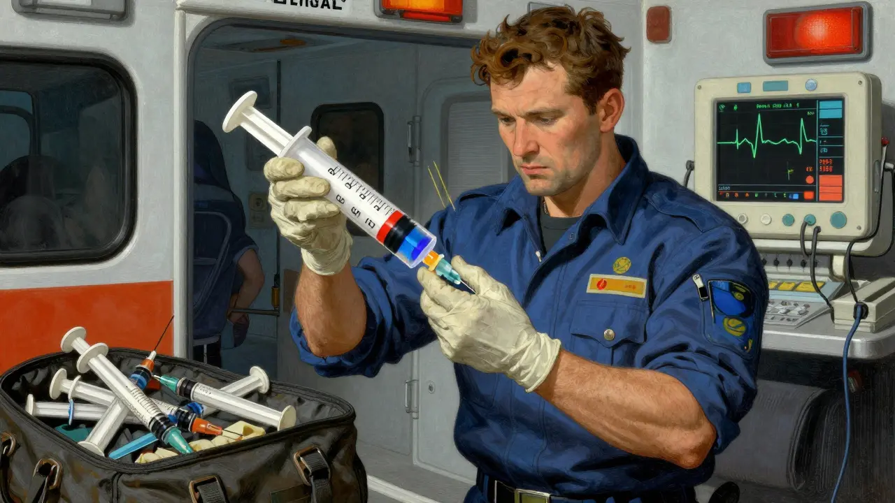 Paramedic administering epinephrine with a simplified, color-zone syringe in an ambulance during an emergency.