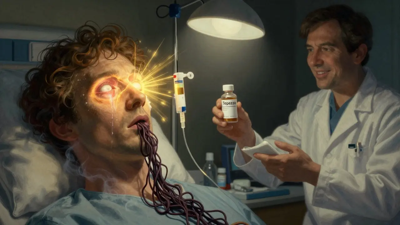 Patient receiving IV teprotumumab as golden light reduces eye bulging in a dim hospital room.