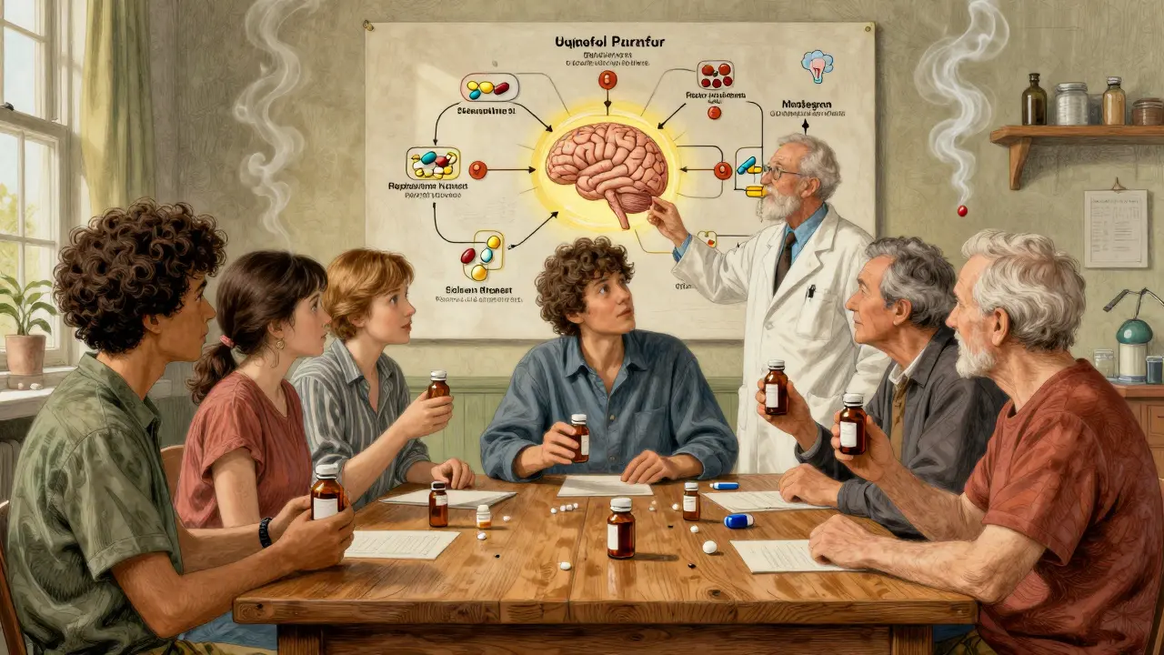 Patients at a clinic with a doctor showing a chart of safer medication alternatives replacing harmful ones.
