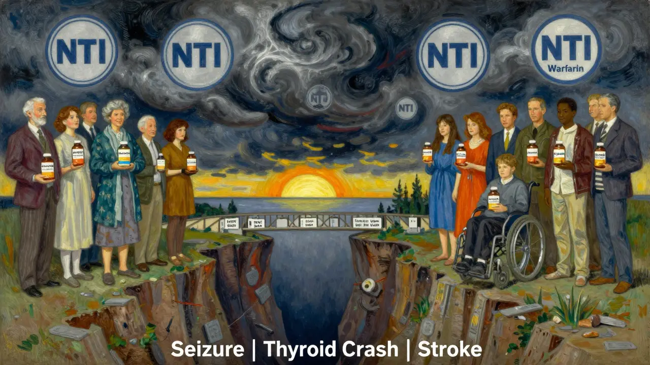 Patients on cliff holding NTI drug bottles as storm clouds loom, bridge of laws leading to sunrise.