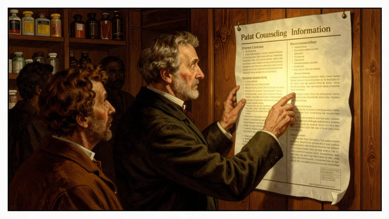 Pharmacist explaining a prescription label to an elderly patient in an old-fashioned apothecary, with glowing patient counseling section.