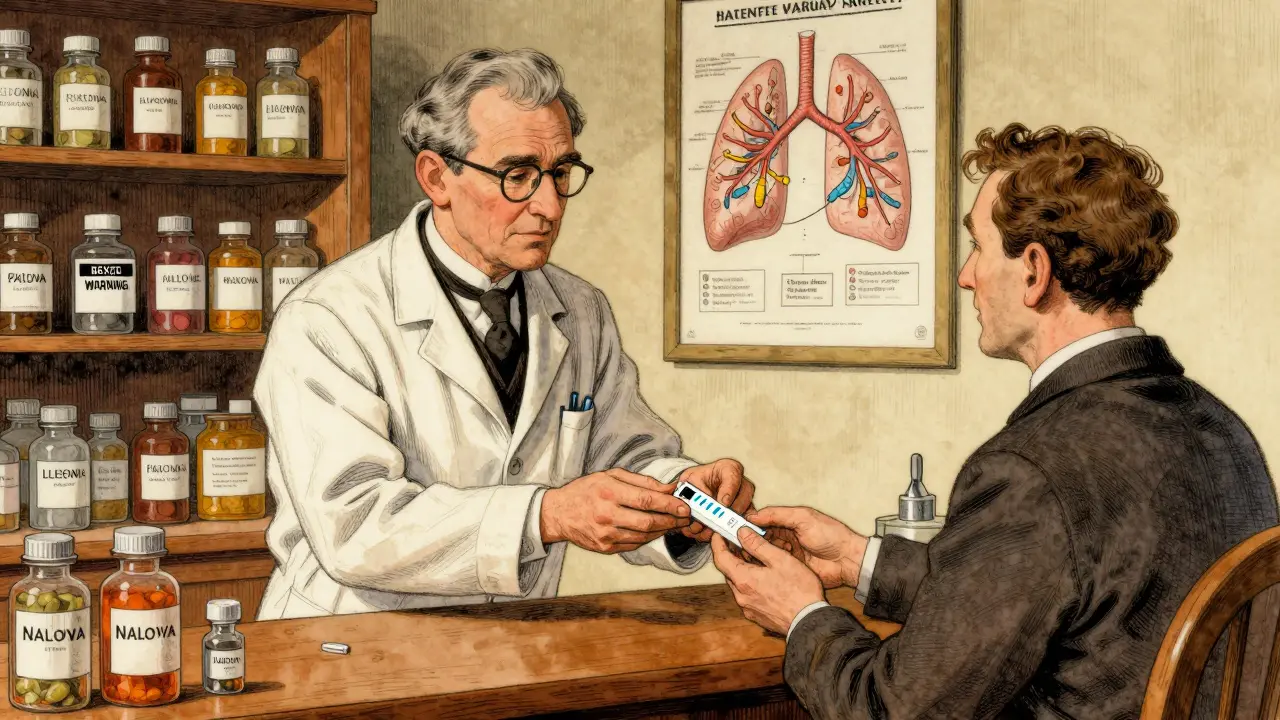Pharmacist giving naloxone to patient, with boxed warning pills visible on shelf.