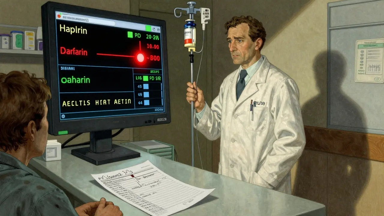 Pharmacist in hospital facing a large screen with critical drug interaction alert for IV medications.