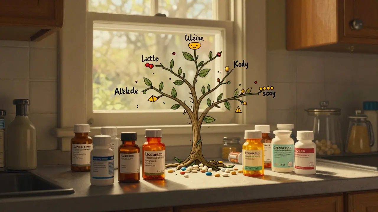 Pill bottles on a counter sprout allergen vines under morning light, shown in detailed Howard Pyle illustration style.