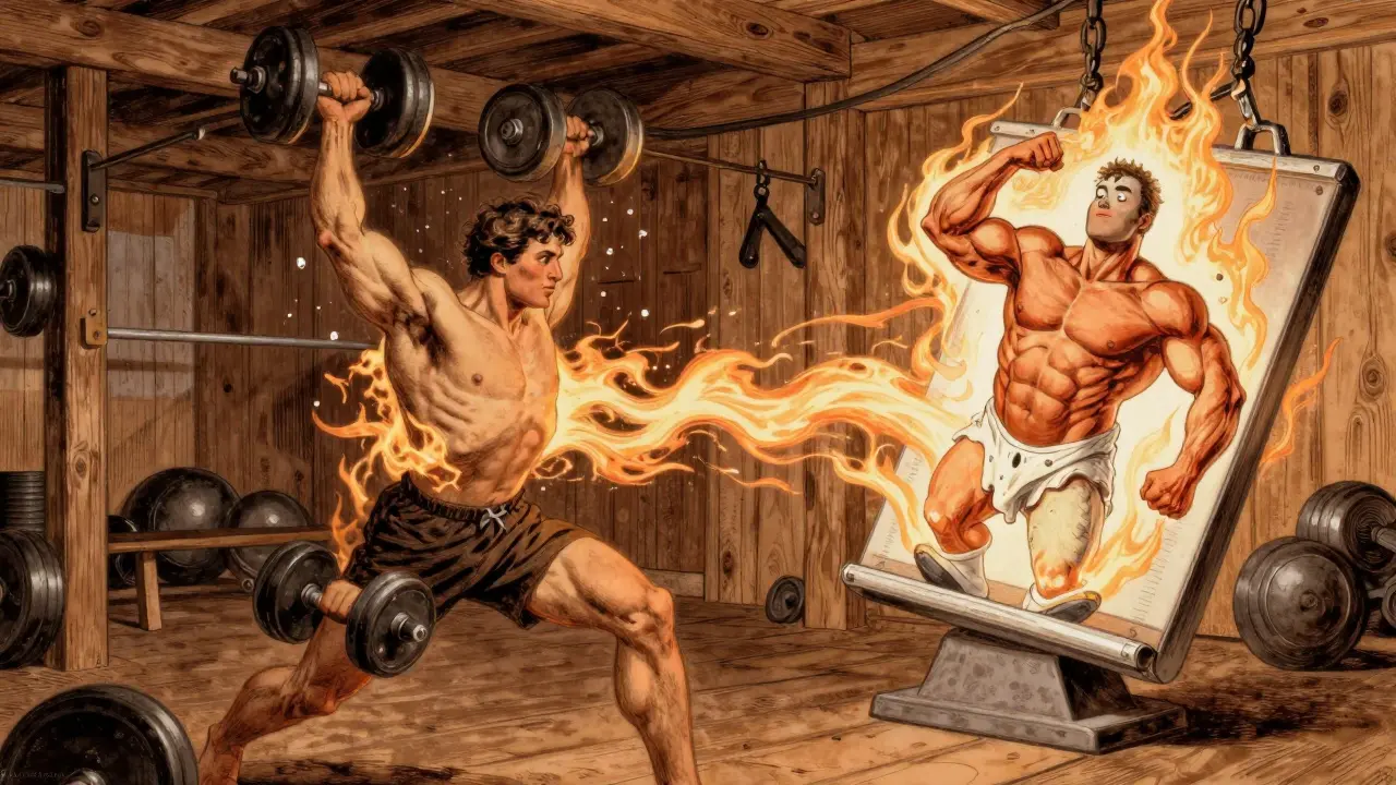 Someone lifting weights as metabolic energy flames rise from their body, symbolizing afterburn.