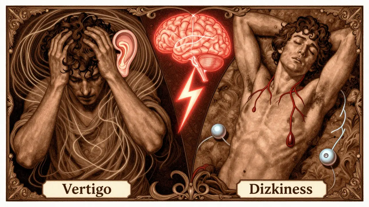 Split illustration: vertigo with spinning inner ear on one side, dizziness with fading energy on the other, brainstem glowing between them.