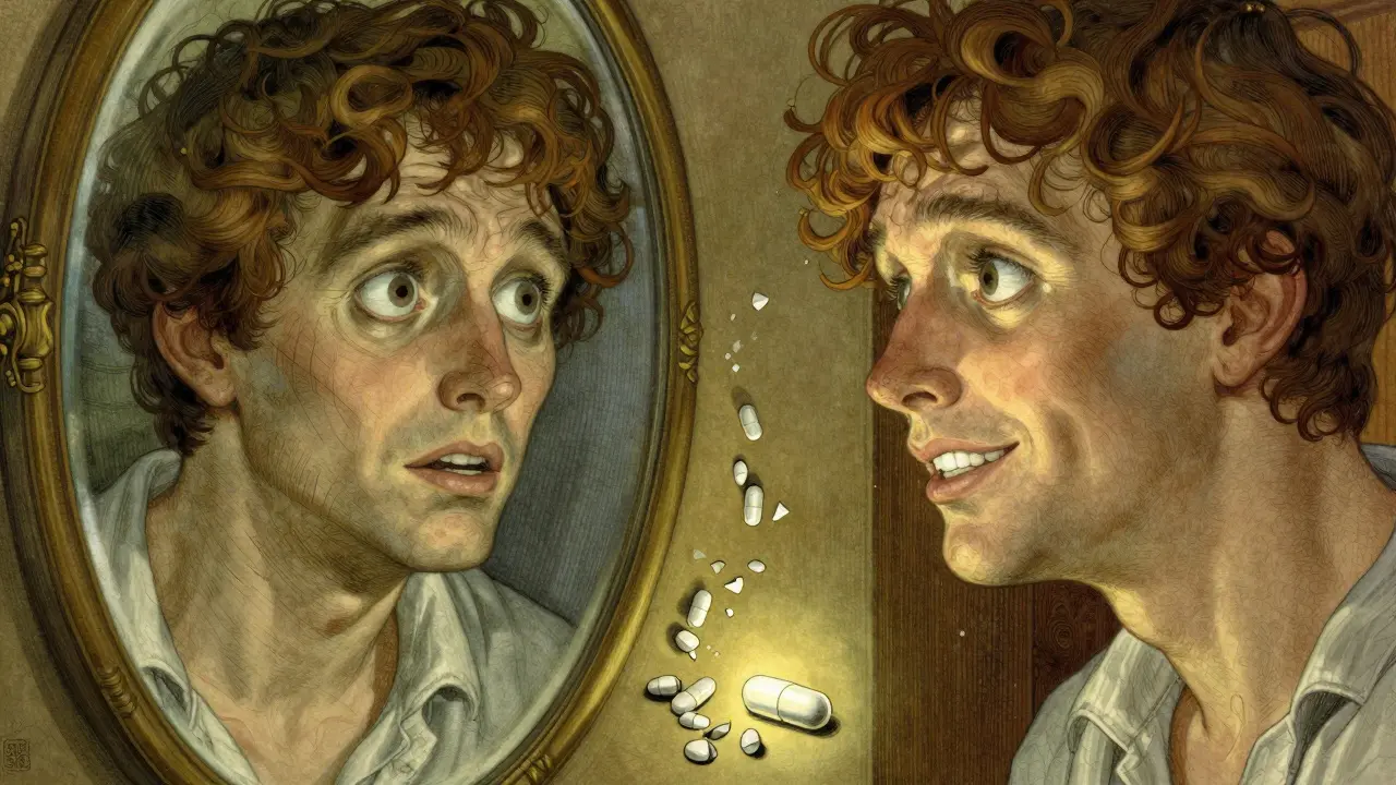 Split image: one side shows severe eye bulging in a mirror, the other shows restored eyes in sunlight.