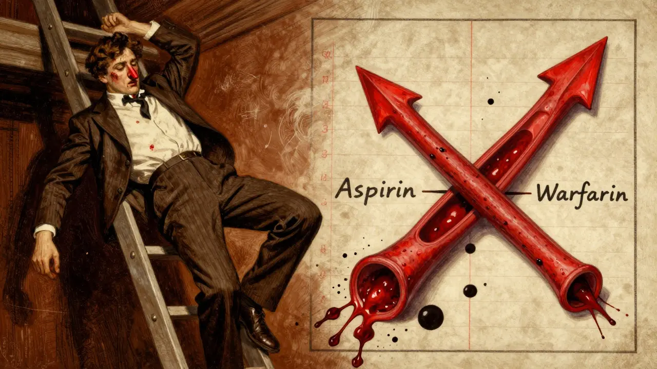 Split scene: man falling with nosebleed on one side, medical chart showing overlapping arrows piercing a blood vessel on the other.