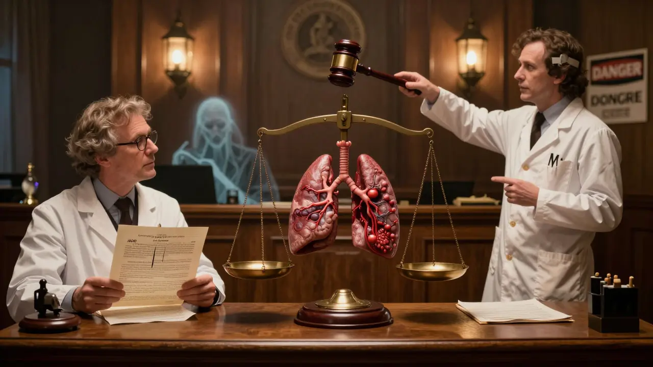 A dramatic courtroom scene with a scale balancing a heart valve against a bleeding lung, doctors arguing over antibiotic risks.