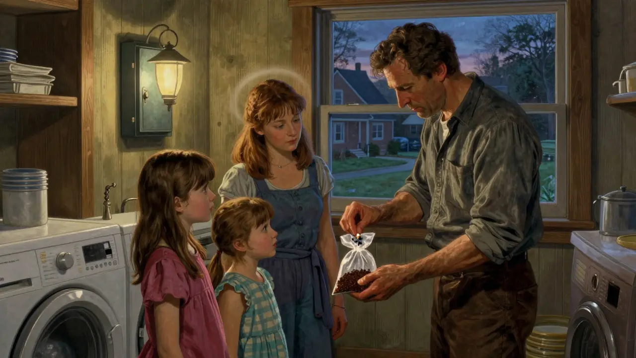 A family watches as expired pills are sealed with coffee grounds, a lockbox glowing softly in the background.