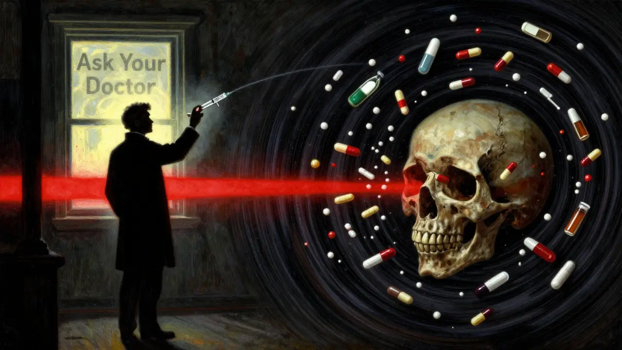 A man holding a naloxone syringe as a vortex of drug symbols forms a skull behind him.