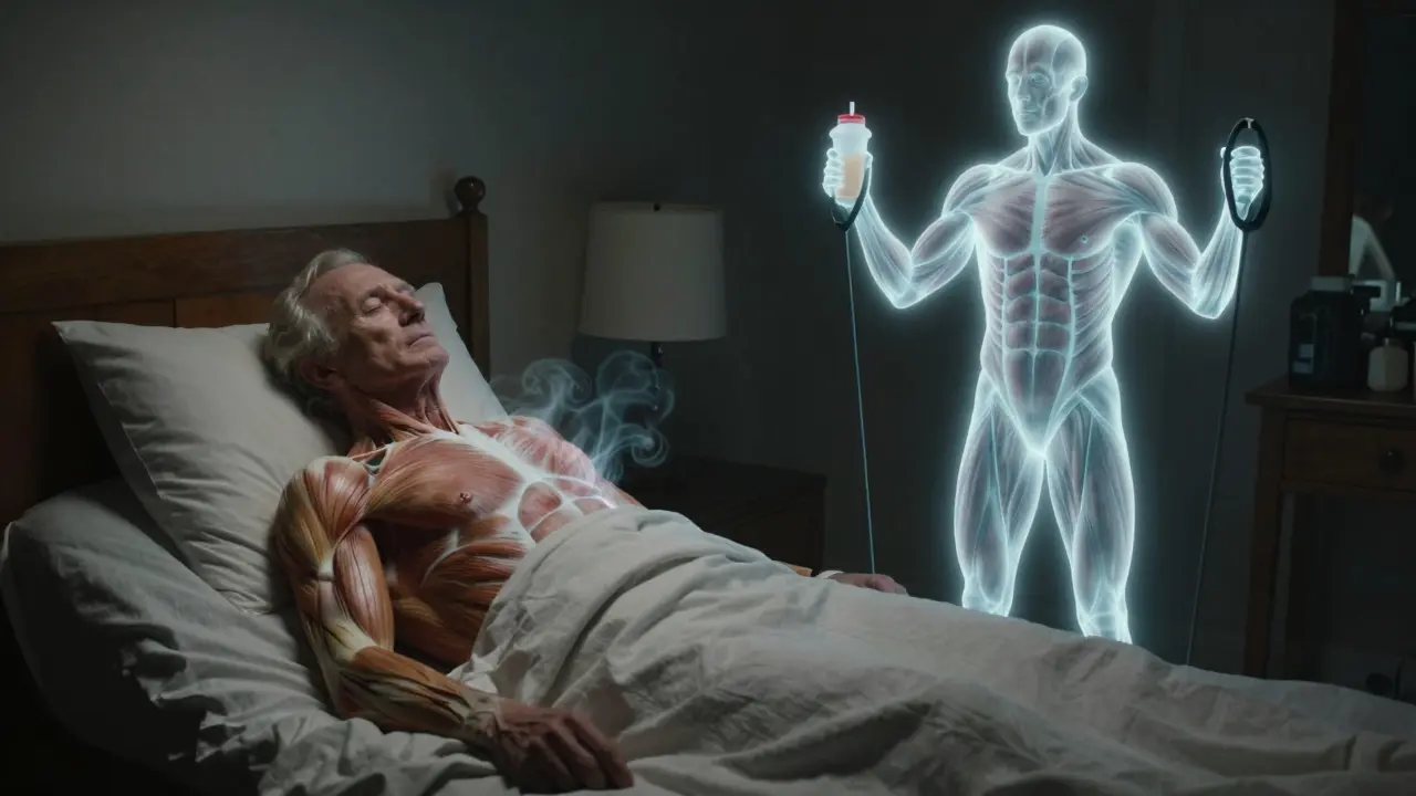 A man in bed as fading muscle ghosts leave his chest, while a glowing version of himself holds exercise bands and protein shake.