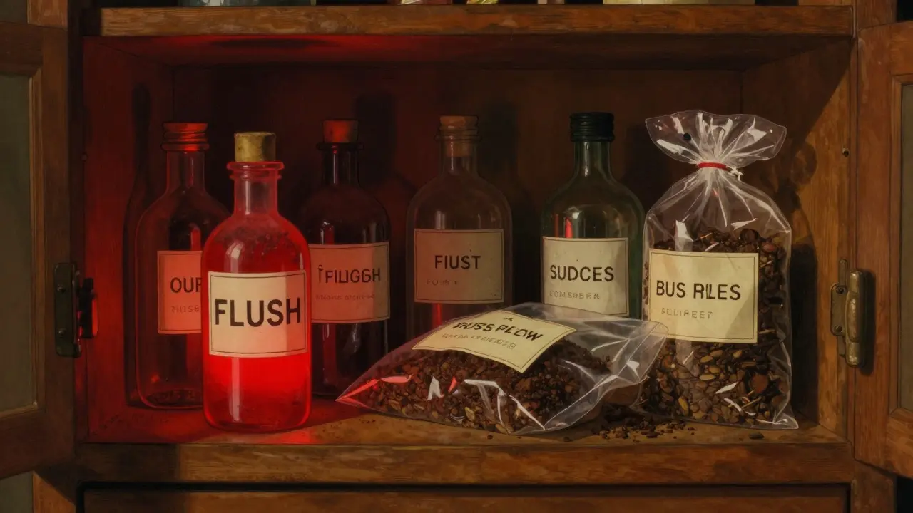 A medicine cabinet with one bottle marked 'FLUSH' and others safely sealed in trash bags, in Howard Pyle style.
