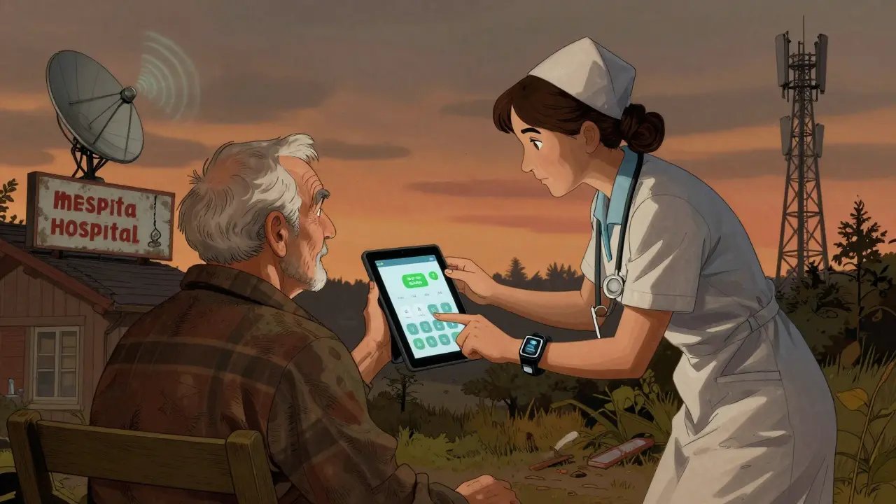 A nurse trains an older adult on a voice-guided health app, while a wearable device detects tremors, showing accessible telehealth in a rural setting.