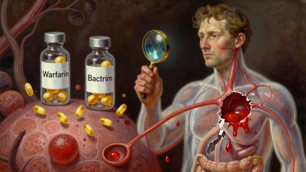 A pharmacist examines warfarin and Bactrim vials while vitamin K molecules flee and blood vessels fracture in a translucent human torso.