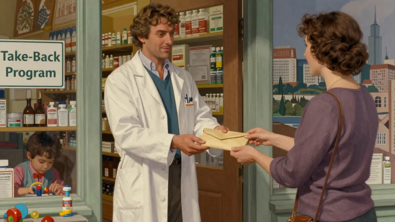 A pharmacist giving disposal materials to a mother outside a pharmacy, with child playing safely nearby.