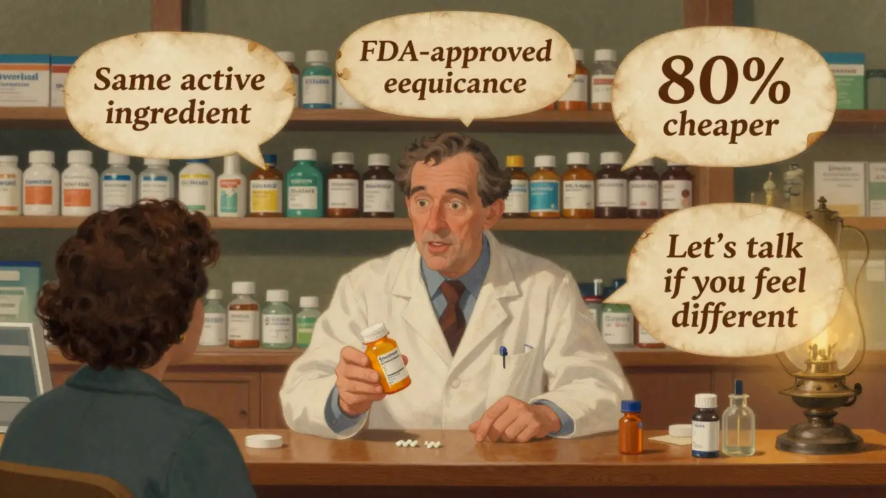A pharmacist hands a patient a generic pill bottle with four key reassuring phrases floating in vintage bubbles.