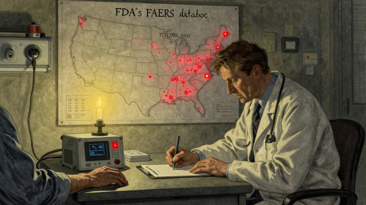 Doctor filling out a MedWatch form by candlelight as a medical device glows red, with a map of the U.S. showing report dots on the wall.