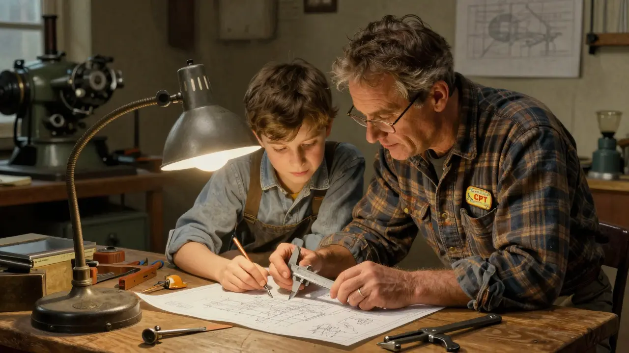 Experienced technician teaching apprentice to use calipers and read blueprints.