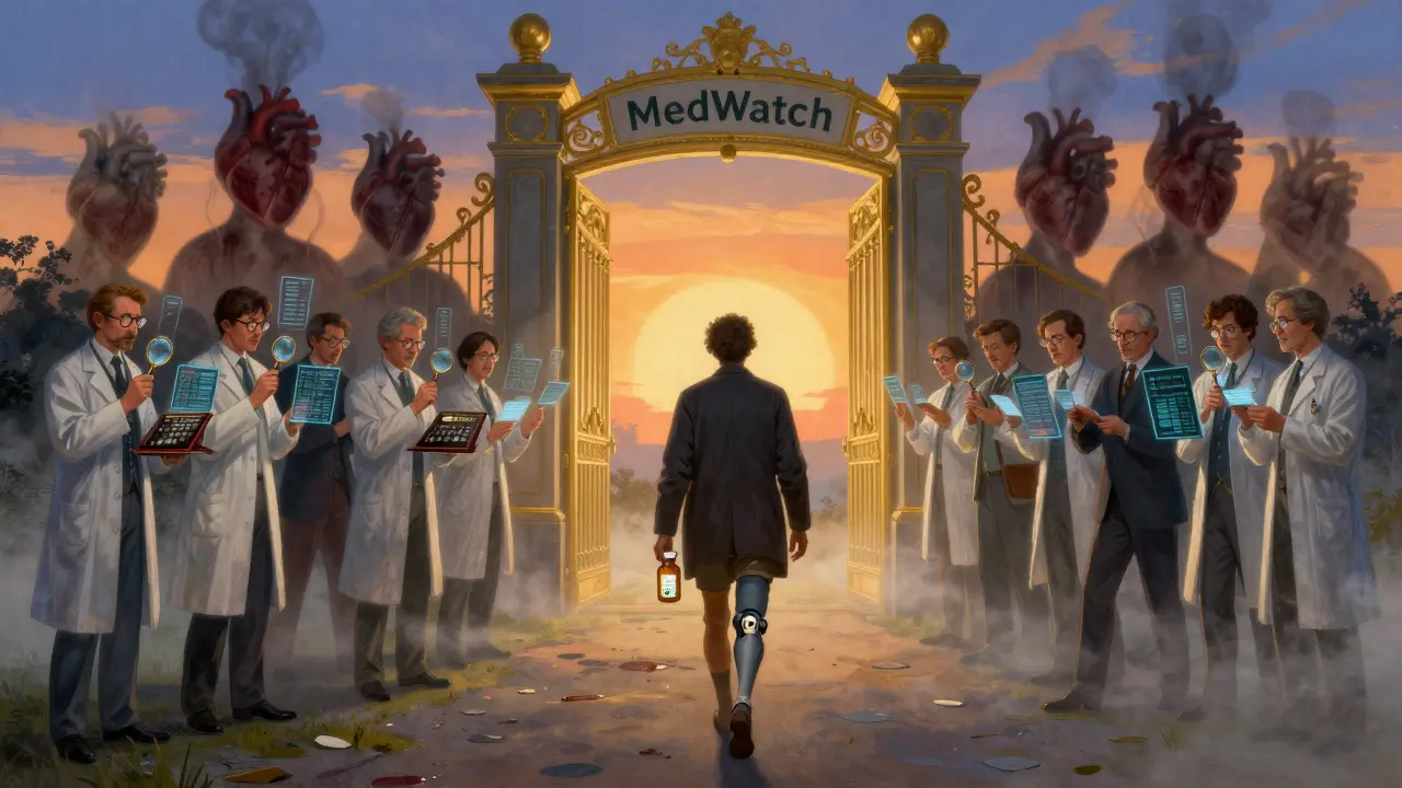 Patient walking toward a golden MedWatch gate as shadows fade, while experts analyze data streams with magnifying glasses in dawn light.