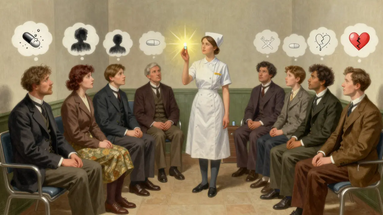 Patients in a waiting room harbor fears about generics, while a nurse holds up a glowing pill symbolizing trust.