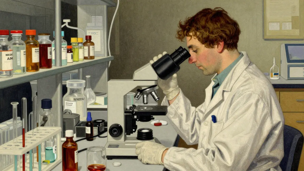 Scientists working on biologic drug development in a vintage laboratory setting.