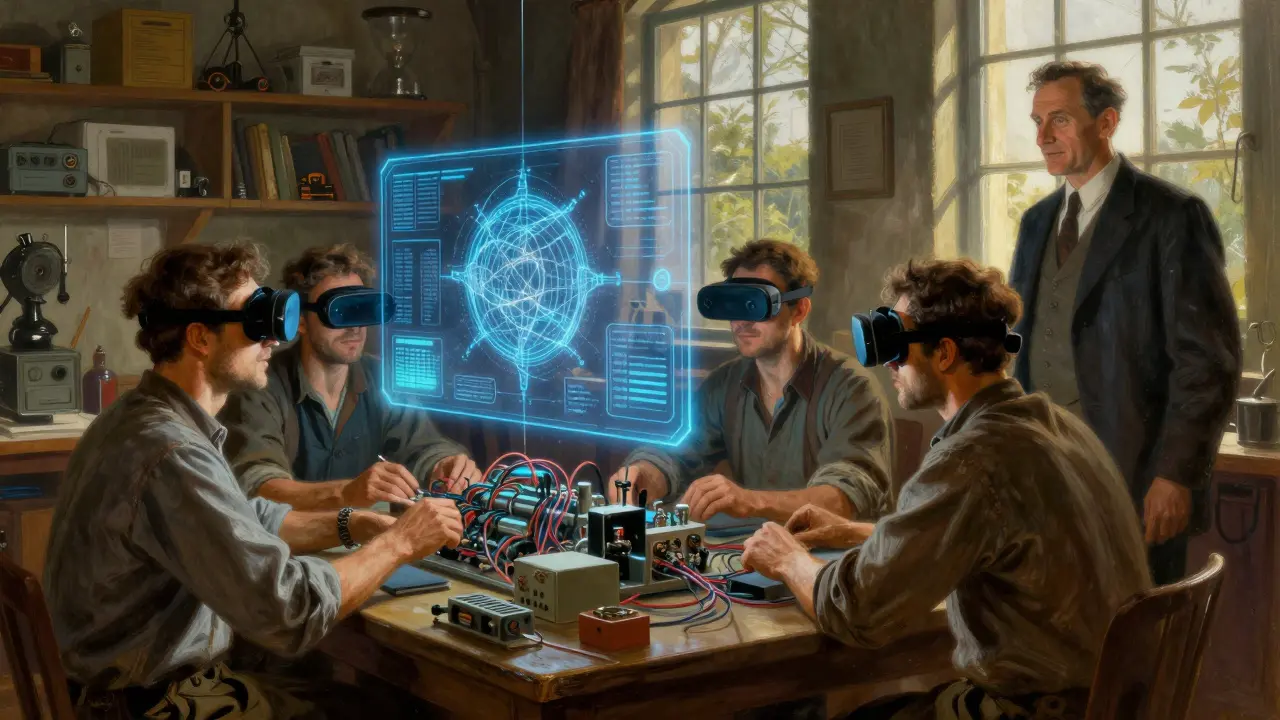 Workers using augmented reality glasses to guide assembly of complex wiring.