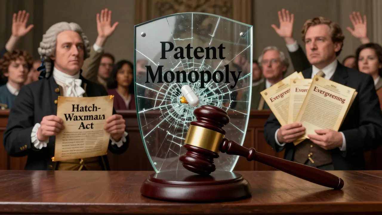 A courtroom scene where a generic tablet breaks a patent shield, with Hatch-Waxman Act scrolls and evergreening patents on either side.