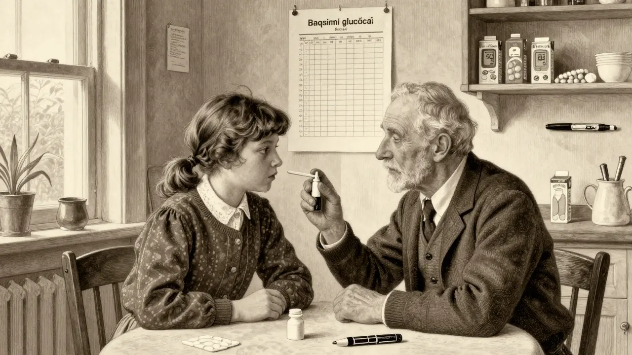 A daughter giving nasal glucagon to her elderly father in a kitchen with medical supplies visible.