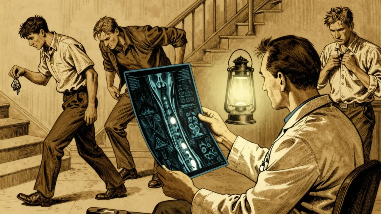 A doctor examines an MRI scan showing spinal cord compression, while three patients display classic symptoms like stumbling and hand clumsiness.