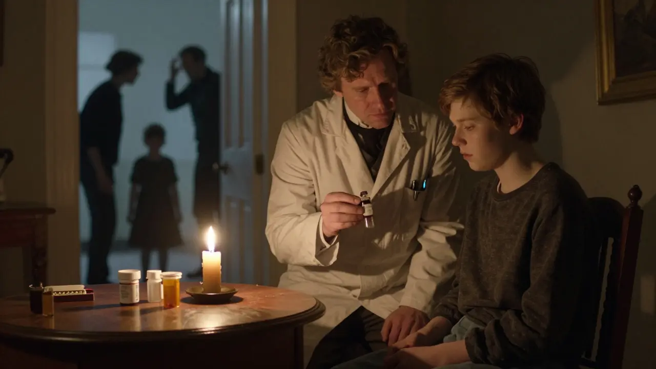 A doctor presents medication to a teen while a family argues in the background, highlighting cautious SSRI use in teen depression.