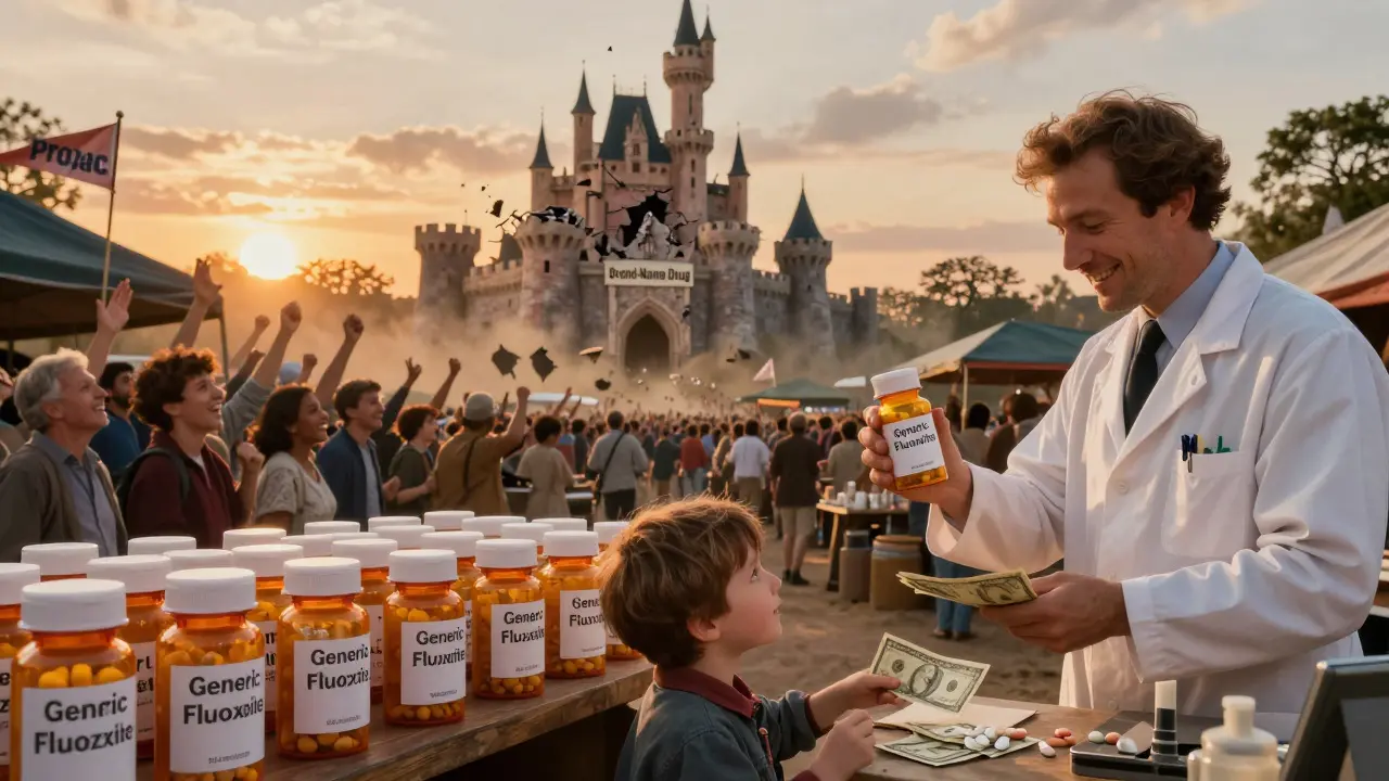 A marketplace where cheap generic pills are sold as a branded drug castle crumbles in the background at sunset.
