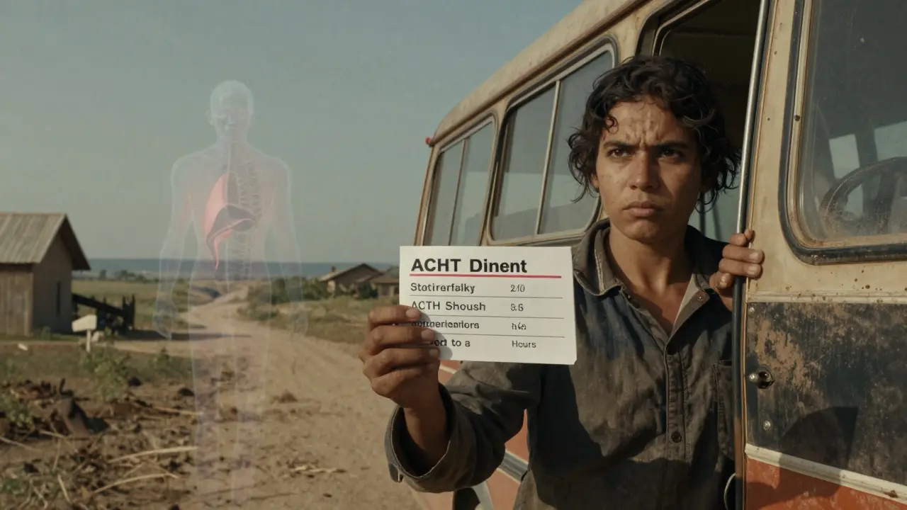 A patient travels by bus for an ACTH test, holding a steroid alert card as a faded adrenal gland fades into the horizon.
