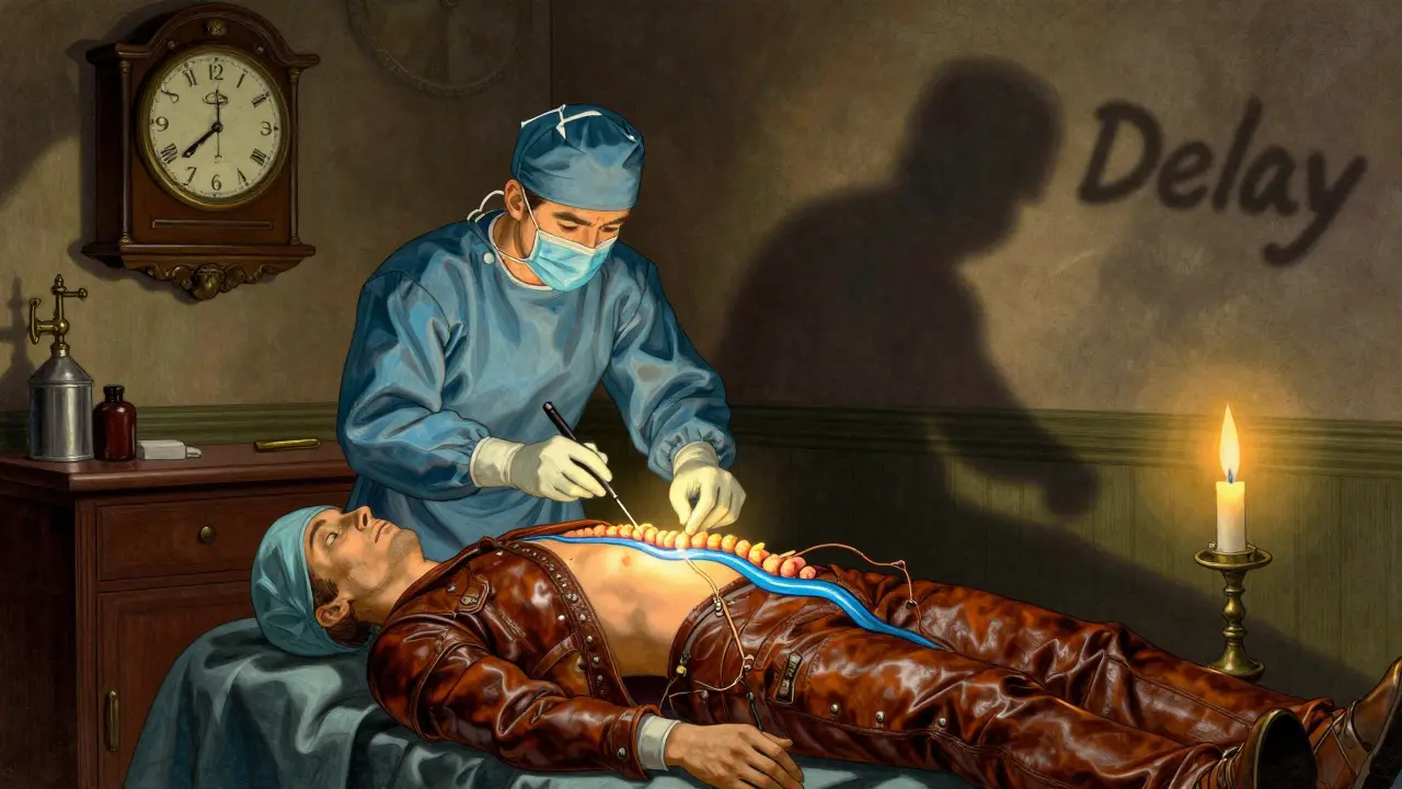 A surgeon performs ACDF surgery under candlelight, with a restored spinal cord glowing above, while the shadow of delayed treatment fades away.