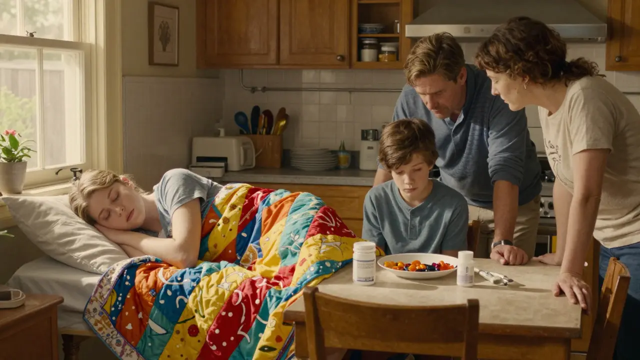 A teen sleeps peacefully on one side, and shares a quiet, connected moment with parents on the other, representing healing through combined treatment.