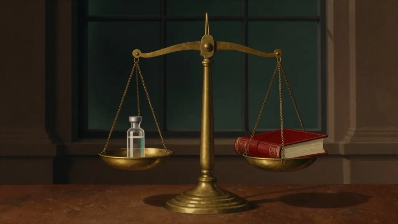 Brass scales balanced with a medicine vial and a regulation book.